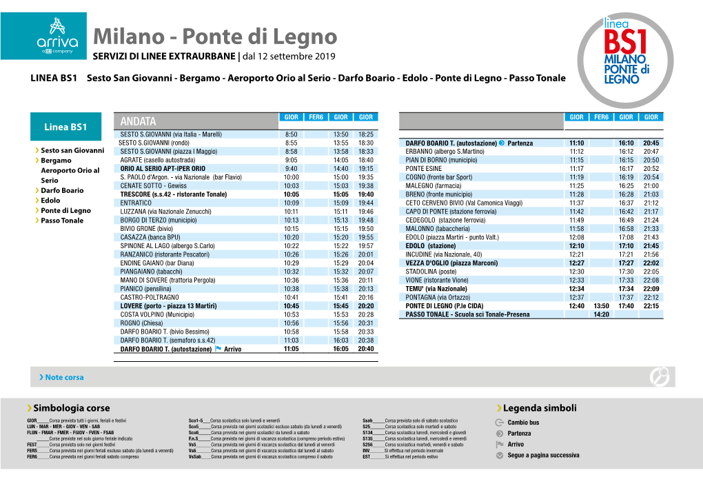 Ponte Di Legno SERVIZI DI LINEE EXTRAURBANE | Dal 12 Settembre 2019