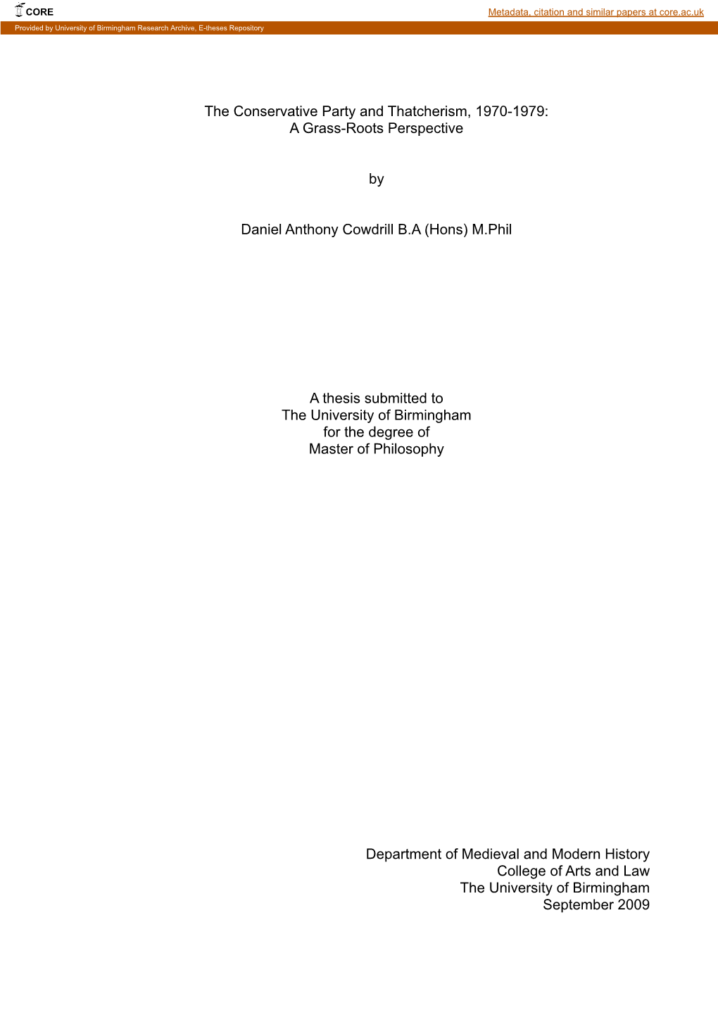 The Conservative Party and Thatcherism, 1970-1979: a Grass-Roots Perspective