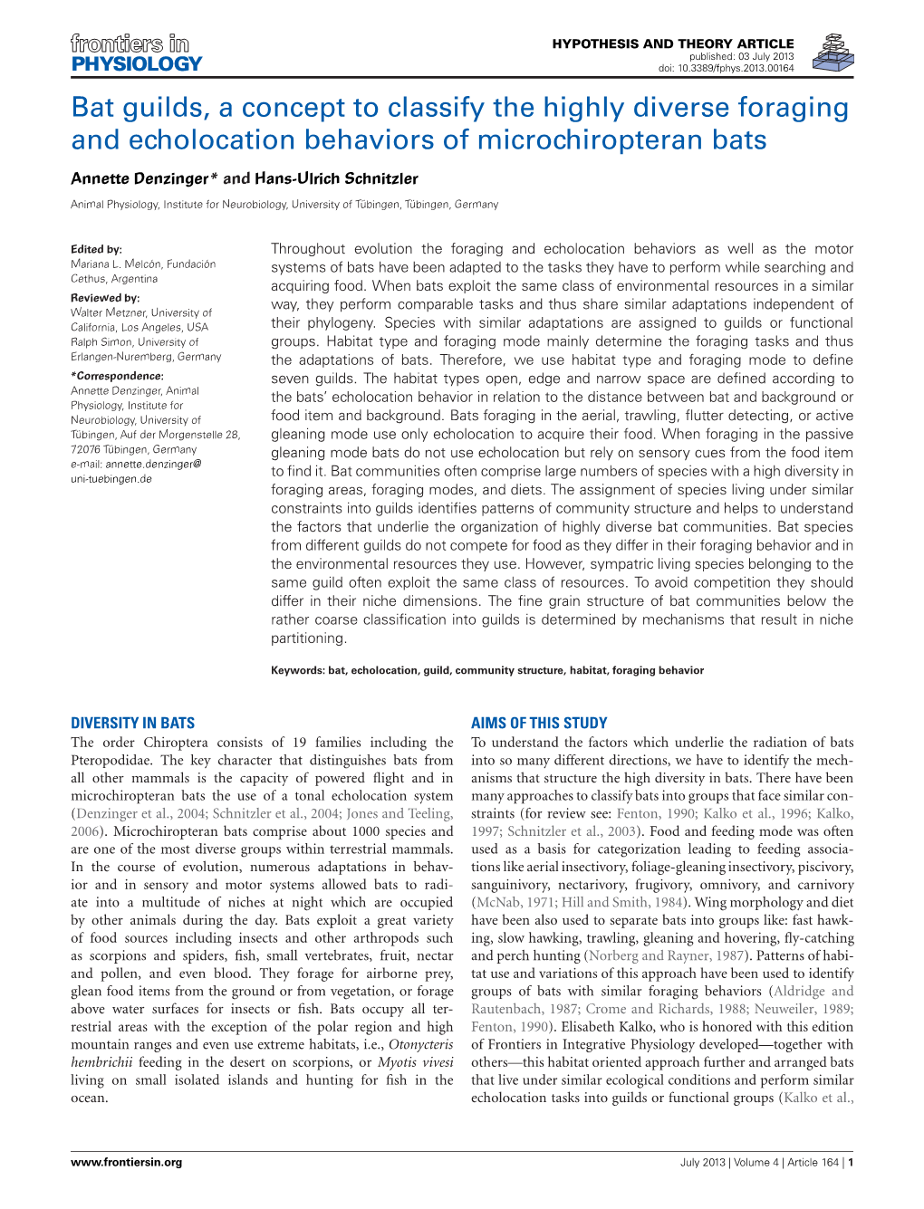 Bat Guilds, a Concept to Classify the Highly Diverse Foraging and Echolocation Behaviors of Microchiropteran Bats