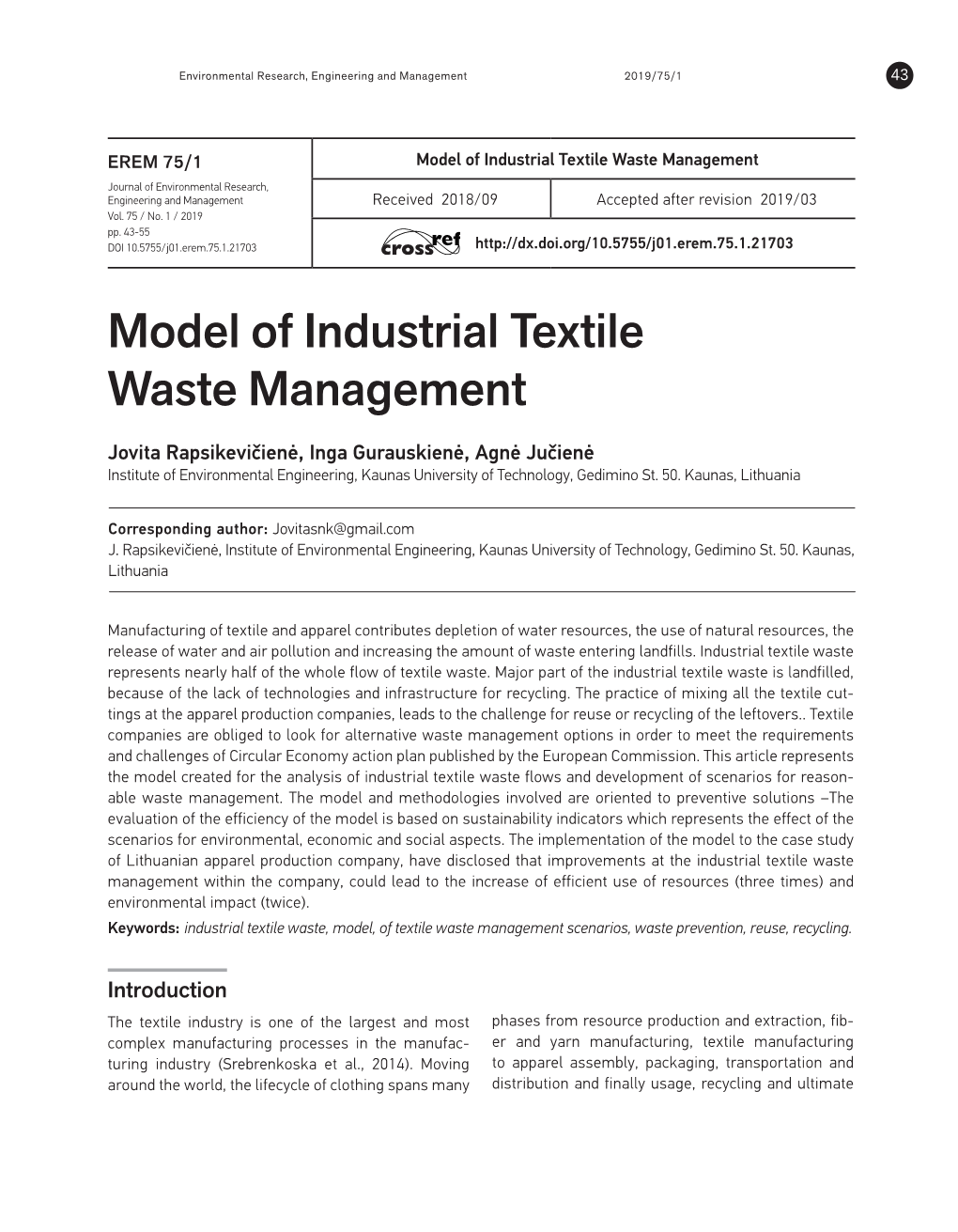 Model of Industrial Textile Waste Management Journal of Environmental Research, Engineering and Management Received 2018/09 Accepted After Revision 2019/03 Vol