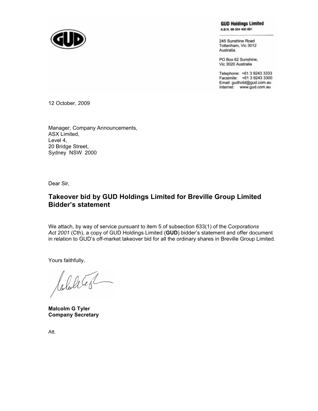 Takeover Bid by GUD Holdings Limited for Breville Group Limited Bidder's Statement