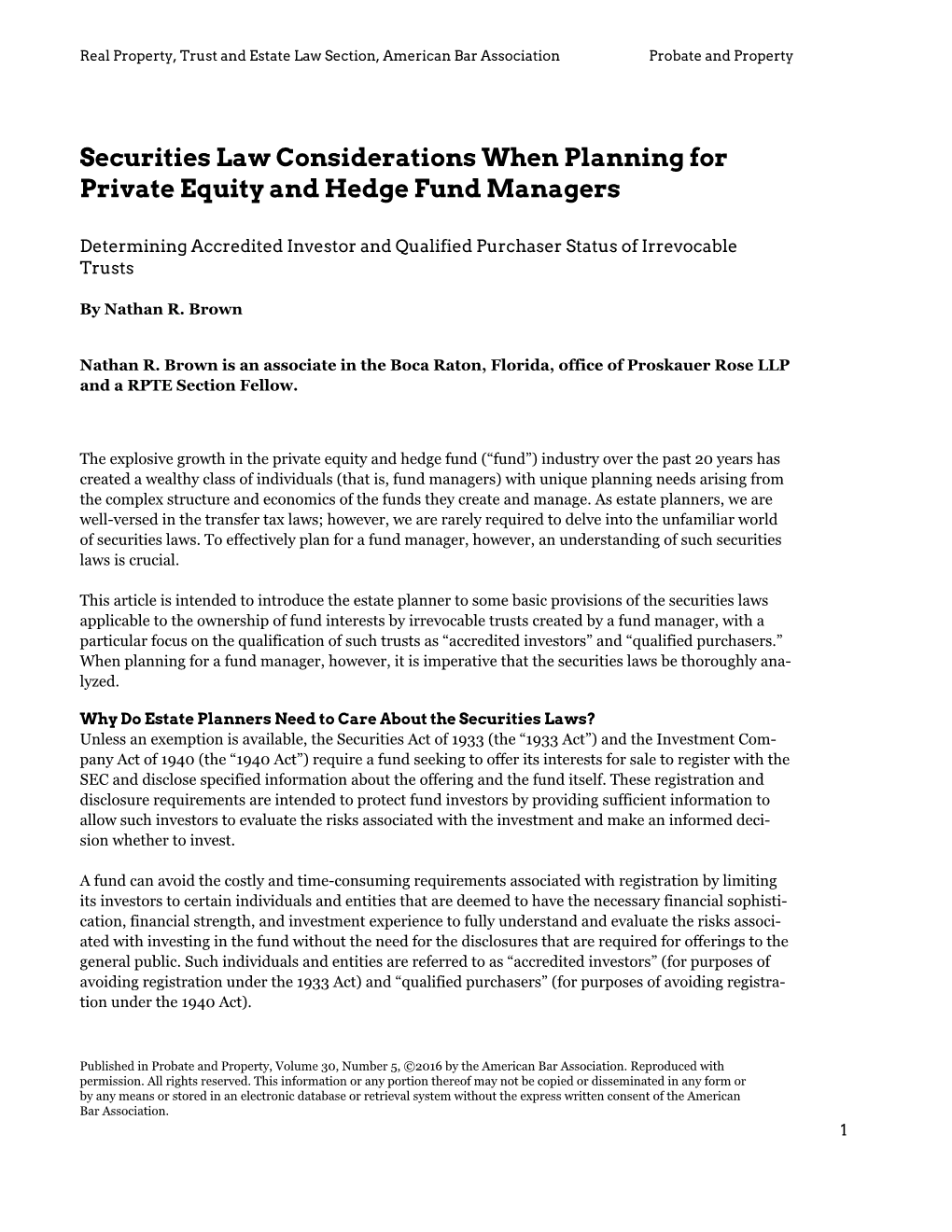 Securities Law Considerations When Planning for Private Equity and Hedge Fund Managers