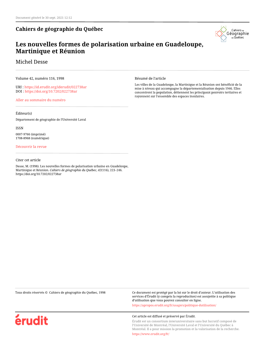 Les Nouvelles Formes De Polarisation Urbaine En Guadeloupe, Martinique Et Réunion Michel Desse