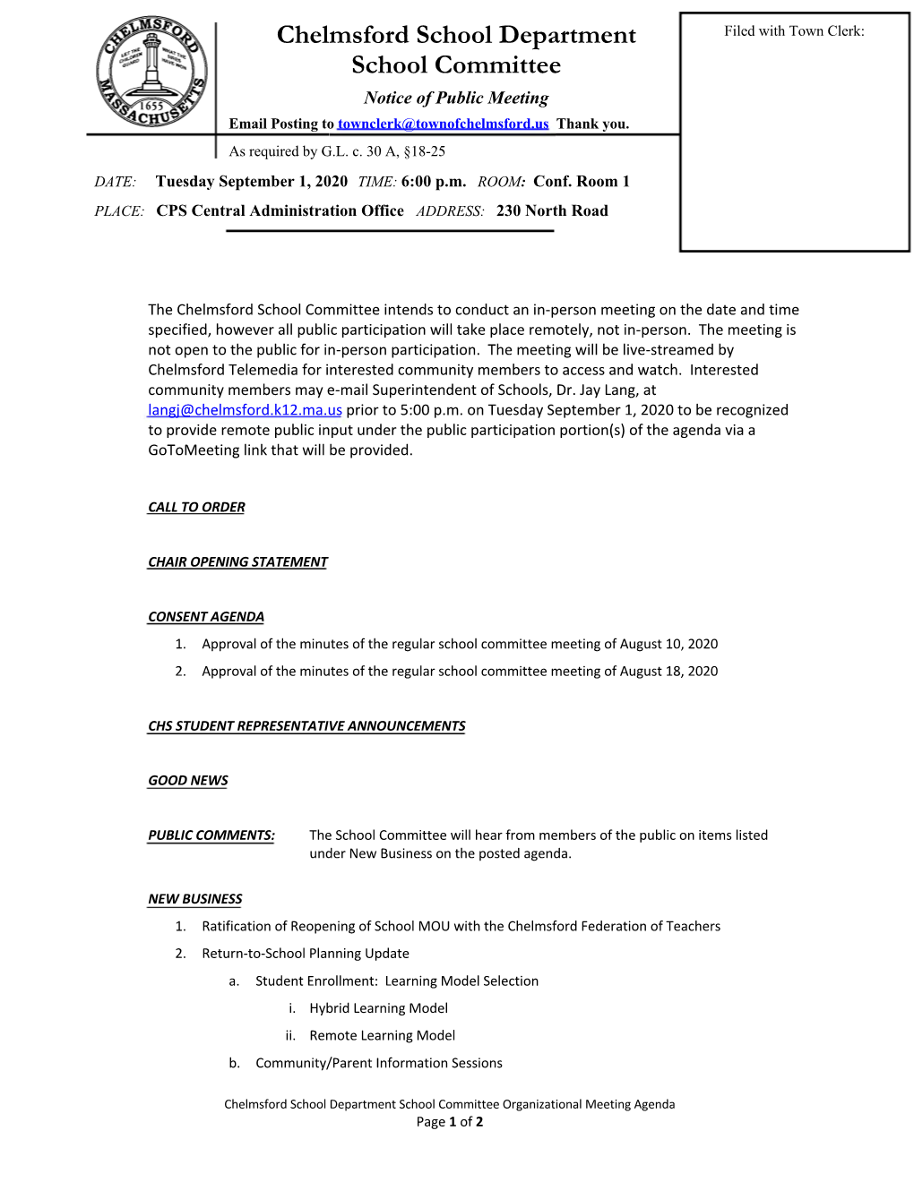 Chelmsford School Department School Committee Organizational Meeting Agenda Page 1 of 2 C