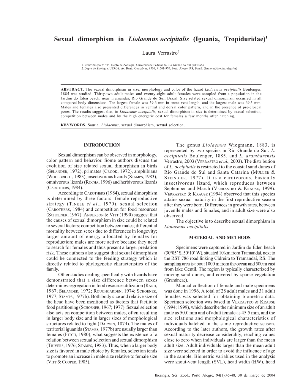 Sexual Dimorphism in Liolaemus Occipitalis (Iguania, Tropiduridae) 45