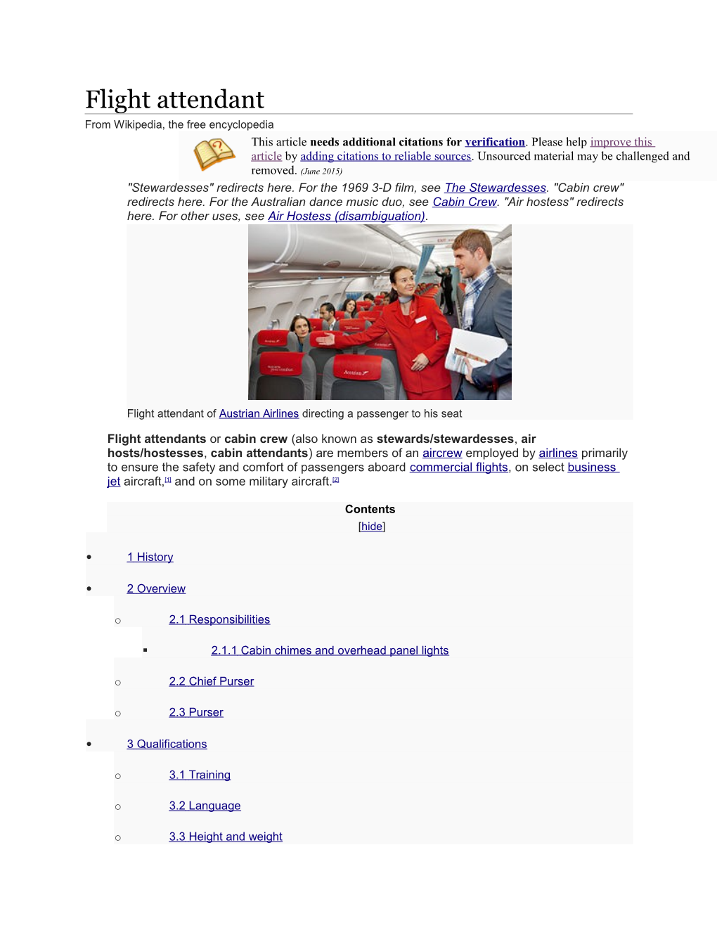 Flight Attendant from Wikipedia, the Free Encyclopedia This Article Needs Additional Citations for Verification