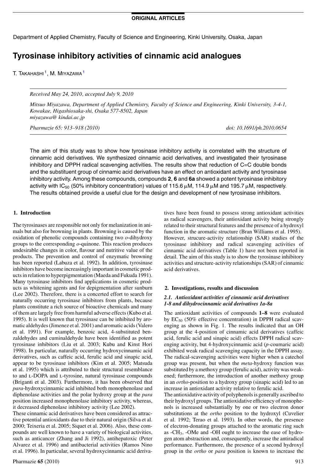 Tyrosinase Inhibitory Activities of Cinnamic Acid Analogues