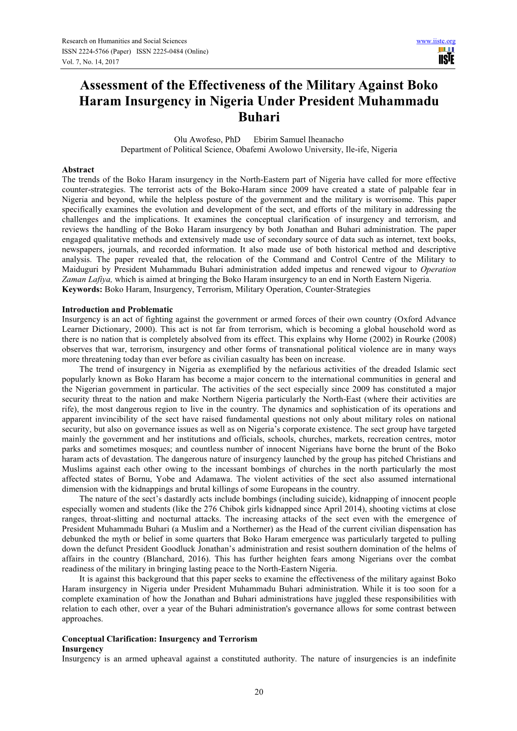 Assessment of the Effectiveness of the Military Against Boko Haram Insurgency in Nigeria Under President Muhammadu Buhari