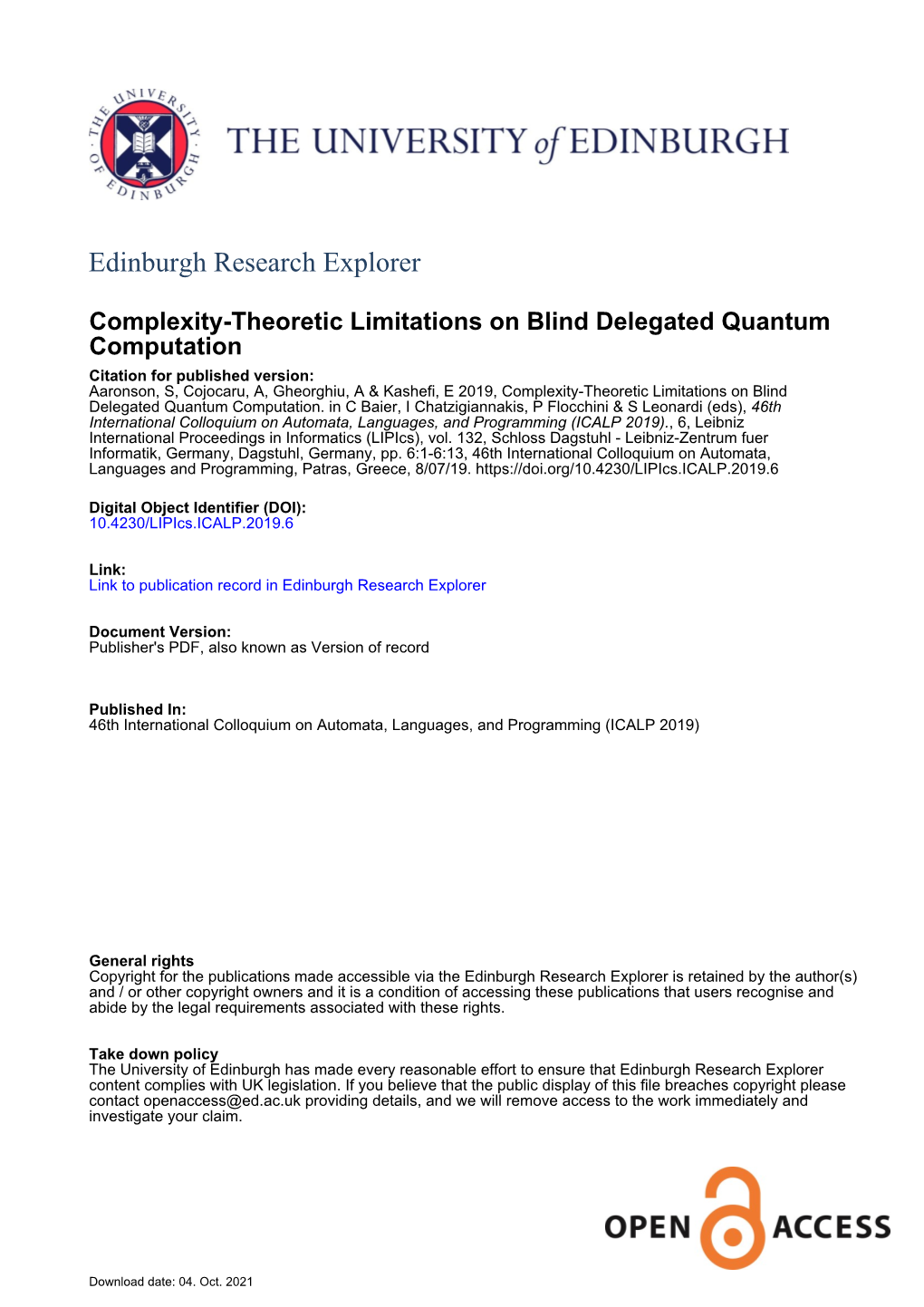 Complexity-Theoretic Limitations on Blind Delegated Quantum Computation