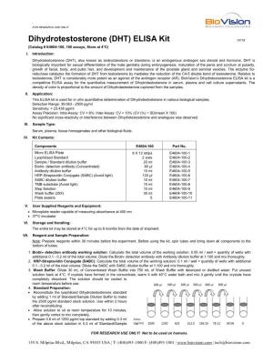 Dihydrotestosterone (DHT) ELISA Kit 07/18 (Catalog # E4604-100, 100 Assays, Store at 4°C) I