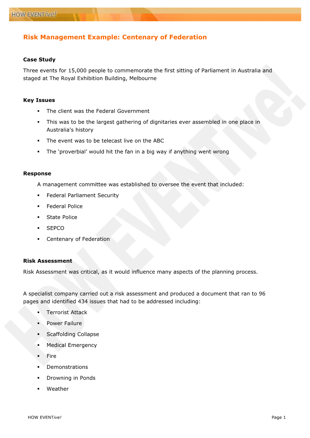 Risk Management Example: Centenary of Federation