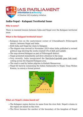 India-Nepal - Kalapani Territorial Issue