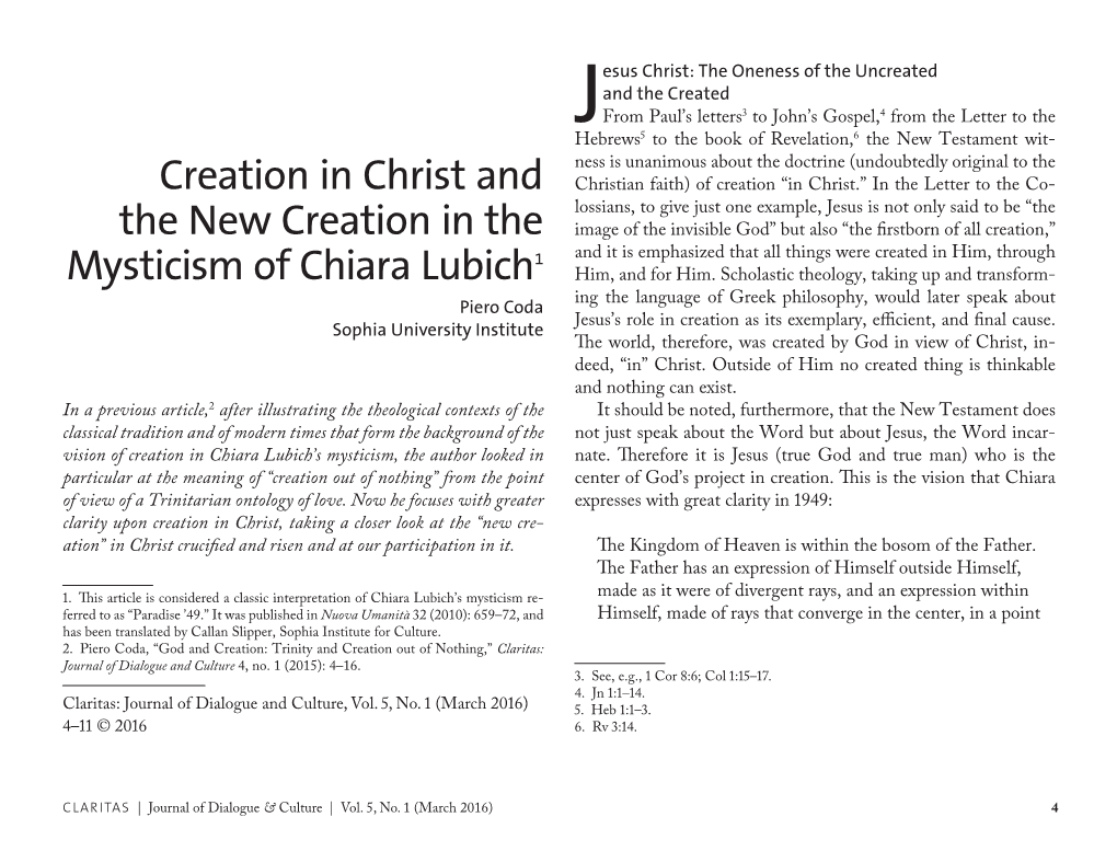 Creation in Christ and the New Creation in the Mysticism of Chiara