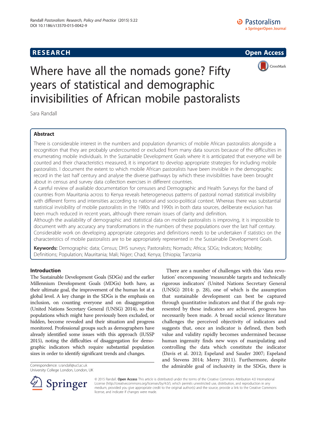 Where Have All the Nomads Gone? Fifty Years of Statistical and Demographic Invisibilities of African Mobile Pastoralists Sara Randall