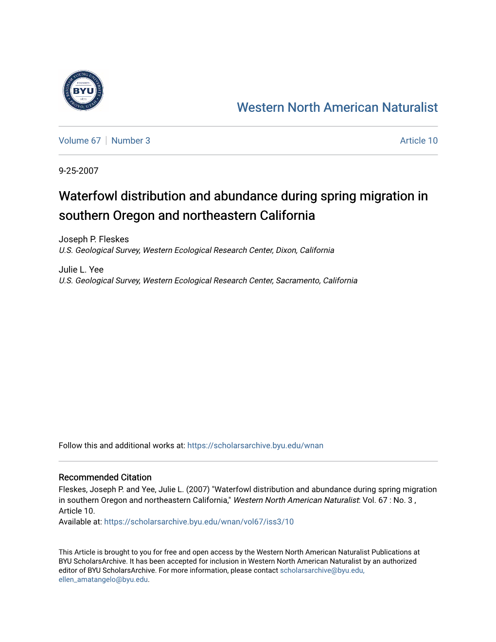 Waterfowl Distribution and Abundance During Spring Migration in Southern Oregon and Northeastern California
