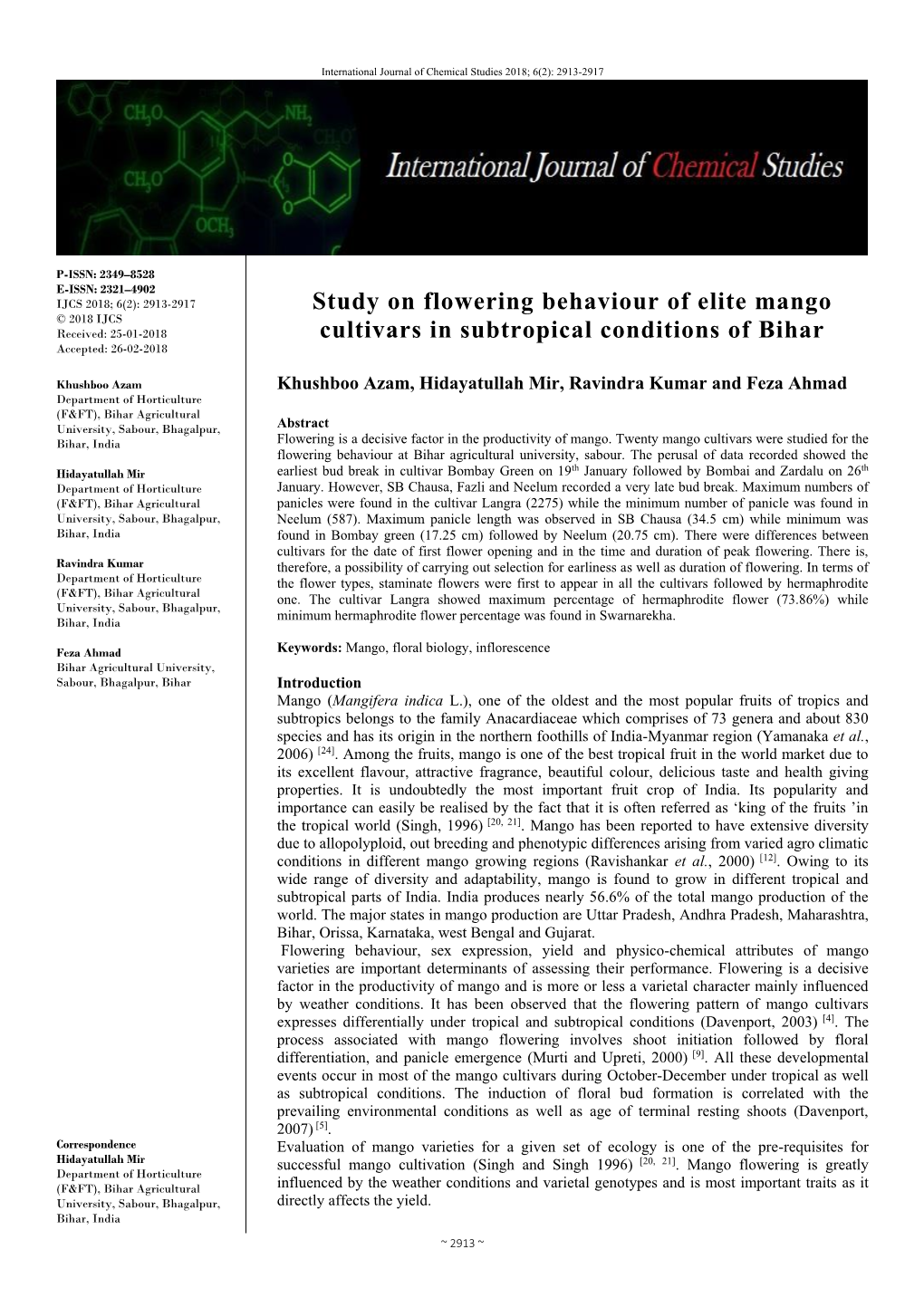 Study on Flowering Behaviour of Elite Mango Cultivars in Subtropical