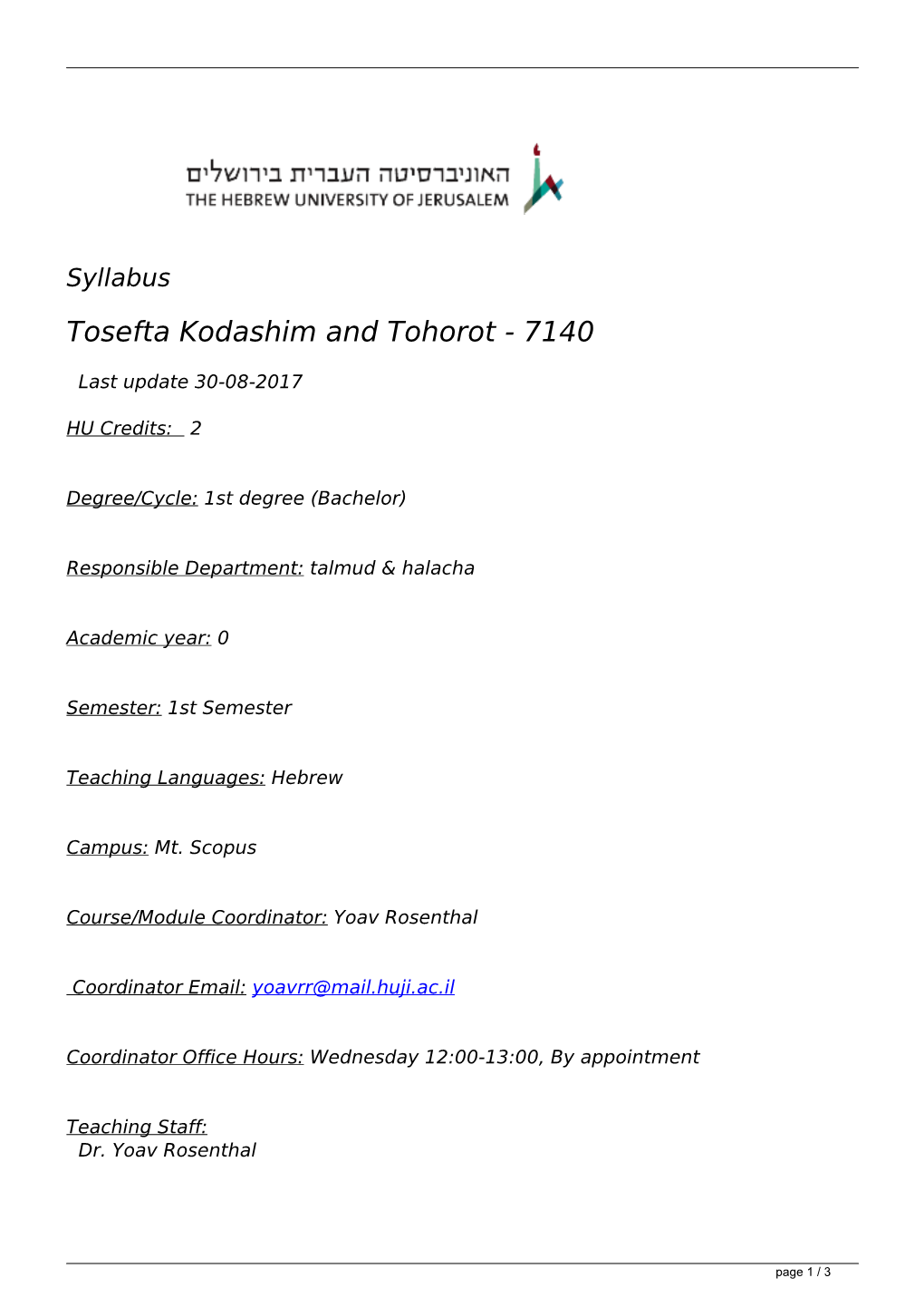 Syllabus Tosefta Kodashim and Tohorot - 7140