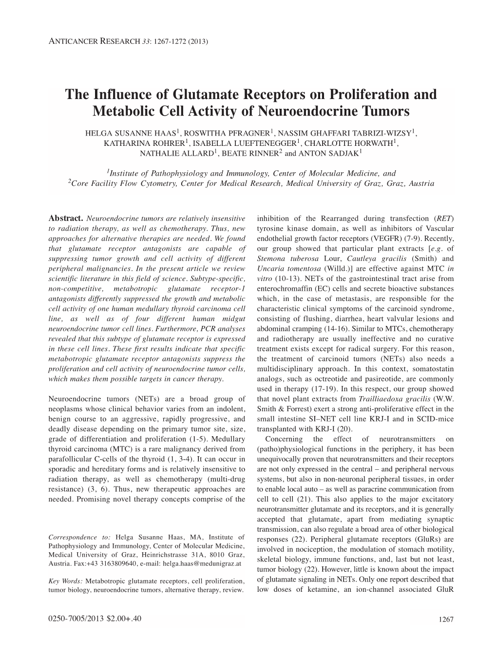 The Influence of Glutamate Receptors on Proliferation and Metabolic Cell Activity of Neuroendocrine Tumors