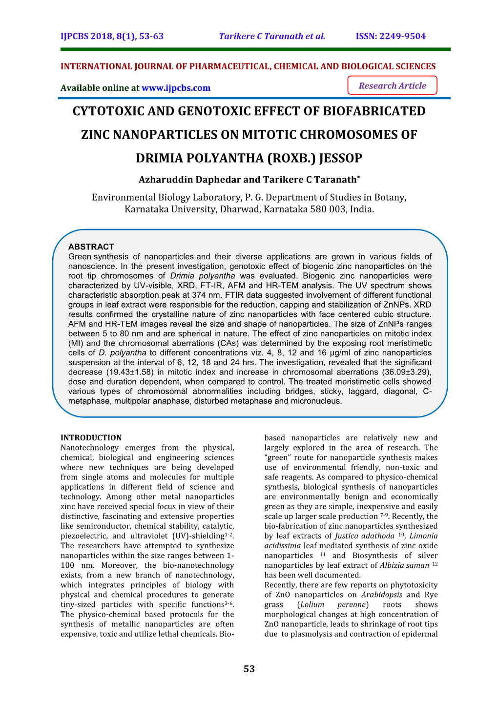 Cytotoxic and Genotoxic Effect of Biofabricated Zinc Nanoparticles on Mitotic Chromosomes of Drimia Polyantha