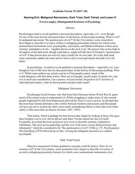 Naming Evil: Malignant Narcissism, Dark Triad, Dark Tetrad, and Lower H Travis Langley, Distinguished Professor of Psychology