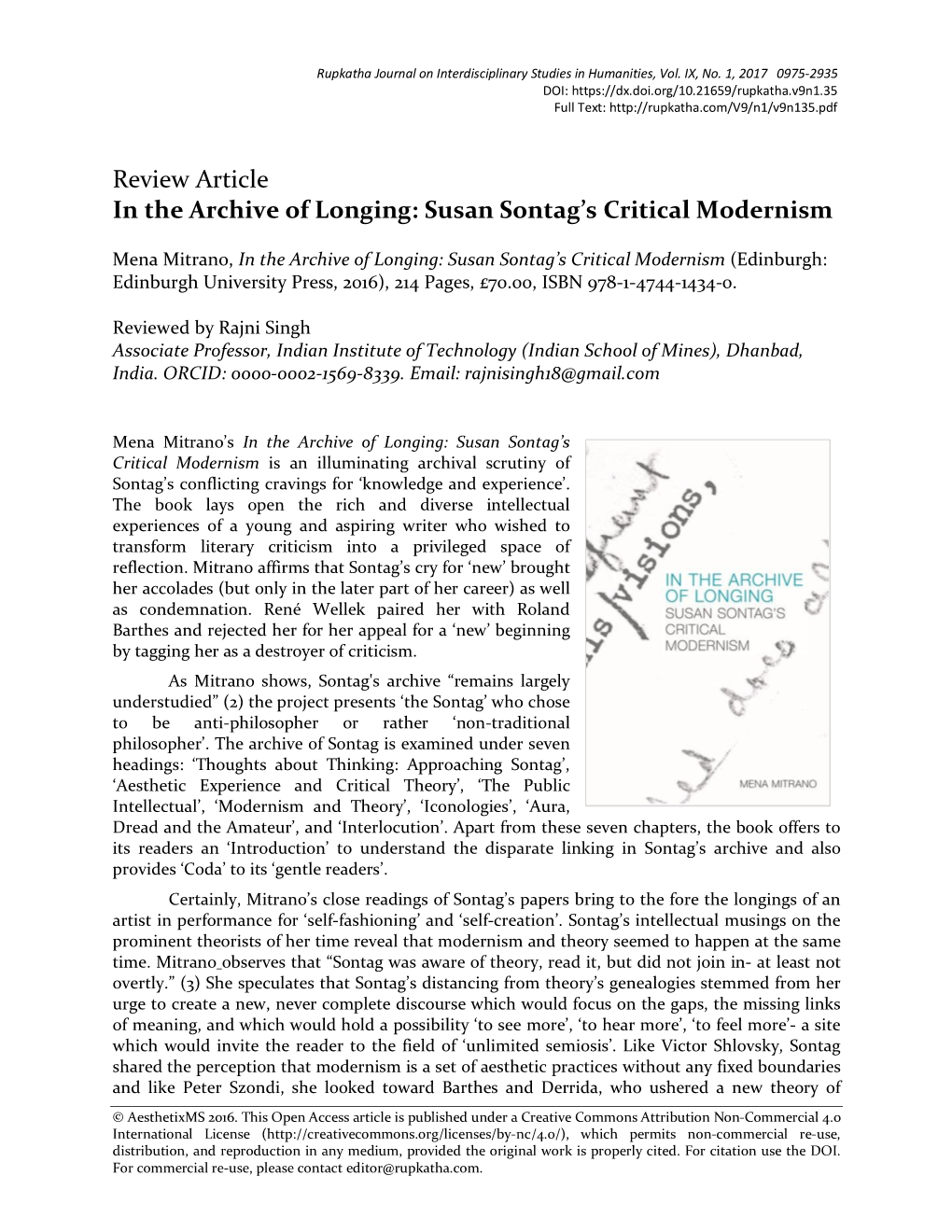 Review Article in the Archive of Longing: Susan Sontag's Critical Modernism