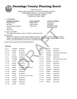 Onondaga County Planning Board March 08, 2017 SYRACUSE-ONONDAGA COUNTY PLANNING AGENCY CONFERENCE ROOM, 1100 CIVIC CENTER 421 MONTGOMERY STREET SYRACUSE, NEW YORK