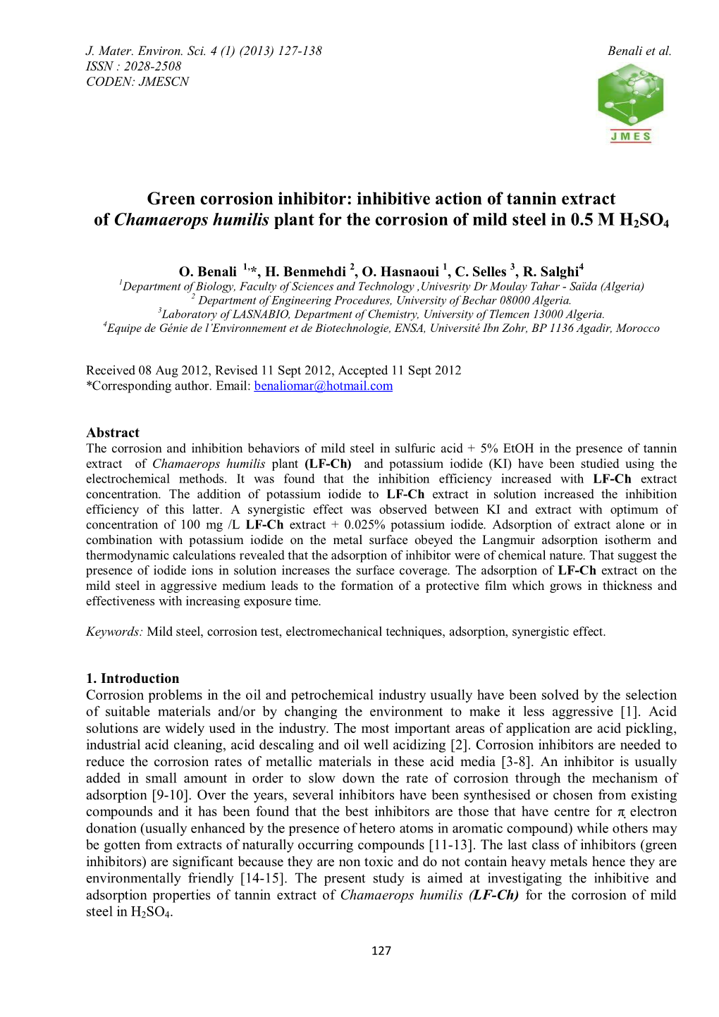 Inhibitive Action of Tannin Extract of Chamaerops Humilis Plant for the Corrosion of Mild Steel in 0.5 M H2SO4