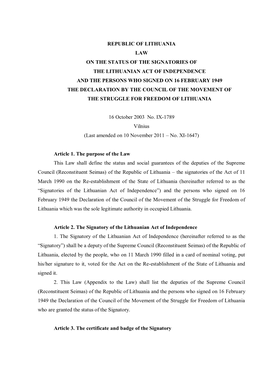 Republic of Lithuania Law on the Status of The