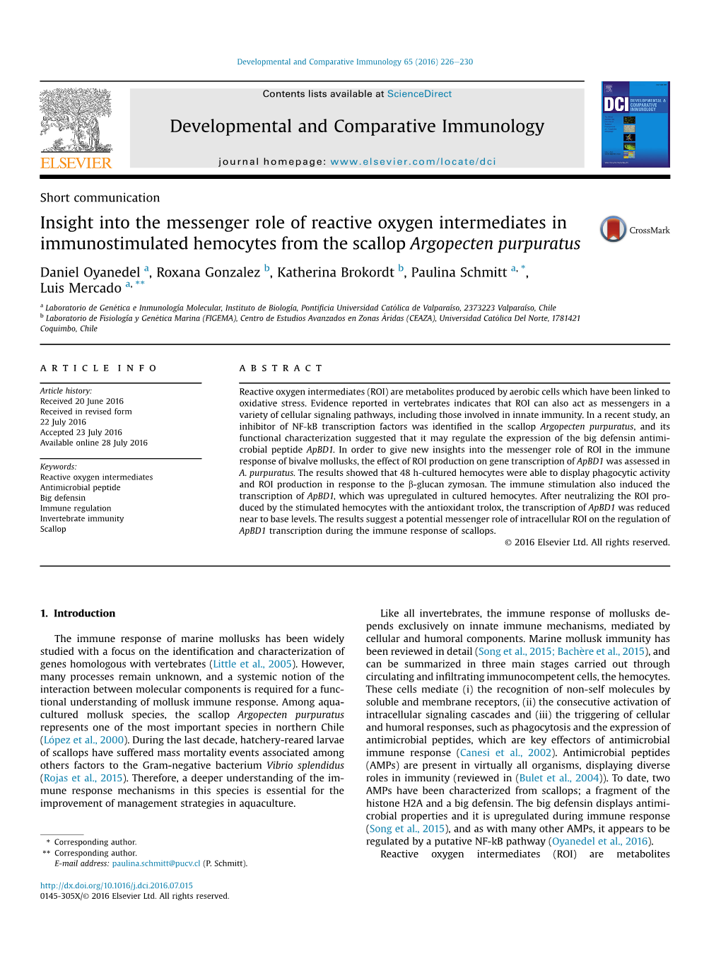 Insight Into the Messenger Role of Reactive Oxygen Intermediates in Immunostimulated Hemocytes from the Scallop Argopecten Purpuratus