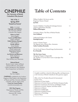 Table of Contents the University of British Columbia’S Film Journal Vol