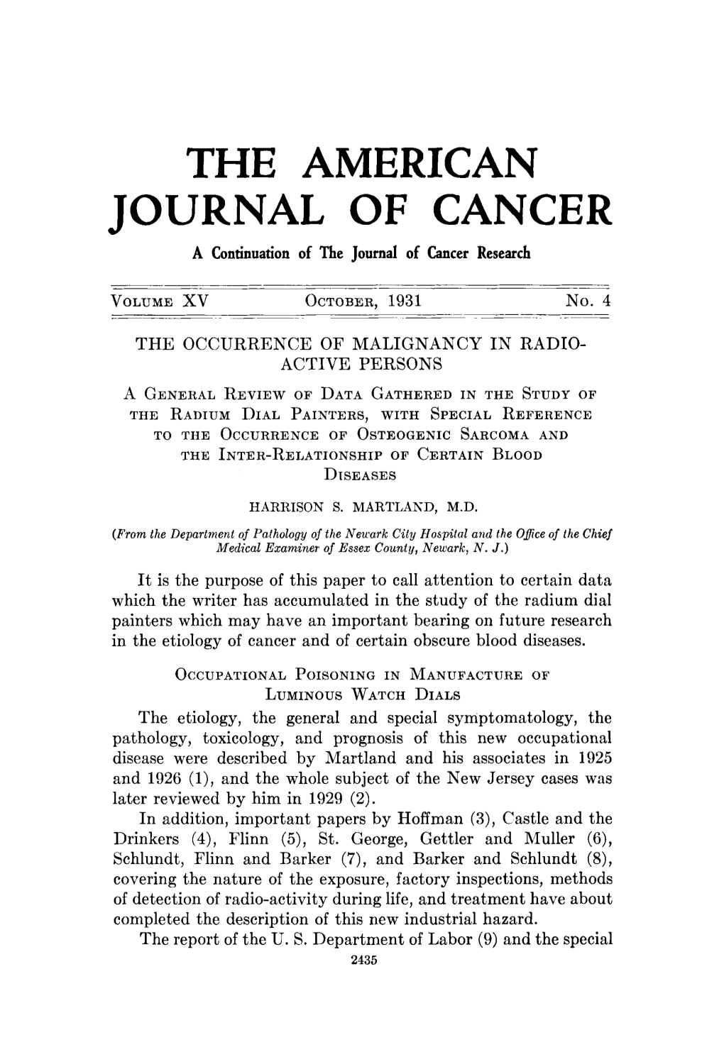 THE AMERICAN JOURNAL of CANCER a Continuation of the Journal of Cancer Research