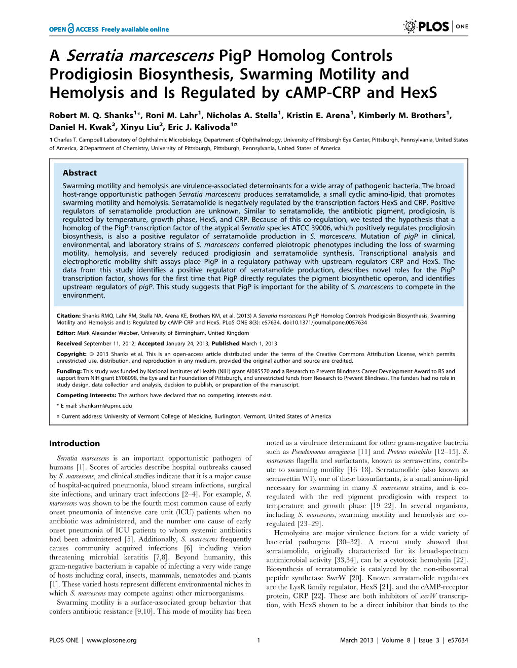 A Serratia Marcescens Pigp Homolog Controls Prodigiosin Biosynthesis, Swarming Motility and Hemolysis and Is Regulated by Camp-CRP and Hexs