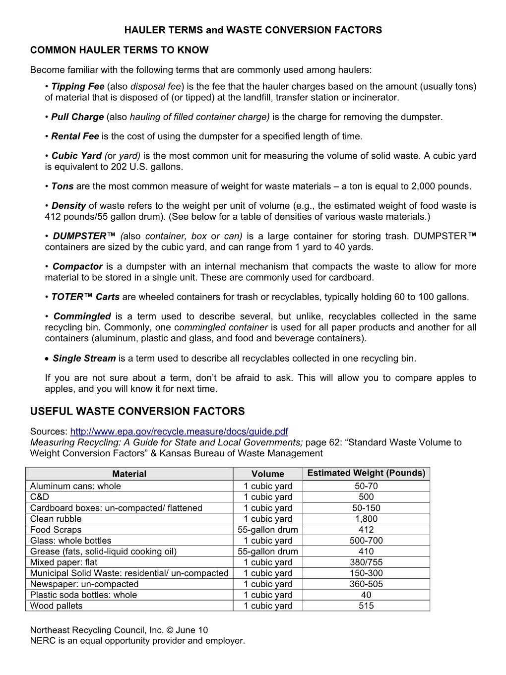 HAULER TERMS and WASTE CONVERSION FACTORS