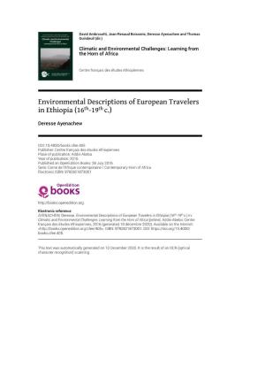 Environmental Descriptions of European Travelers in Ethiopia (16Th-19Th C.)