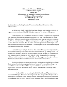 Statement of Dr. James H. Billington the Librarian of Congress Before the Subcommittee on Legislative Branch Appropriations U.S