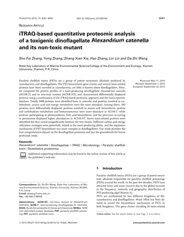 Itraq-Based Quantitative Proteomic Analysis of a Toxigenic Dinoﬂagellate Alexandrium Catenella and Its Non-Toxic Mutant