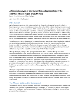 A Historical Analysis of Land Ownership and Agroecology, in the Erstwhile Mysore Region of South India Seema Purushothaman and Sham Kashyap