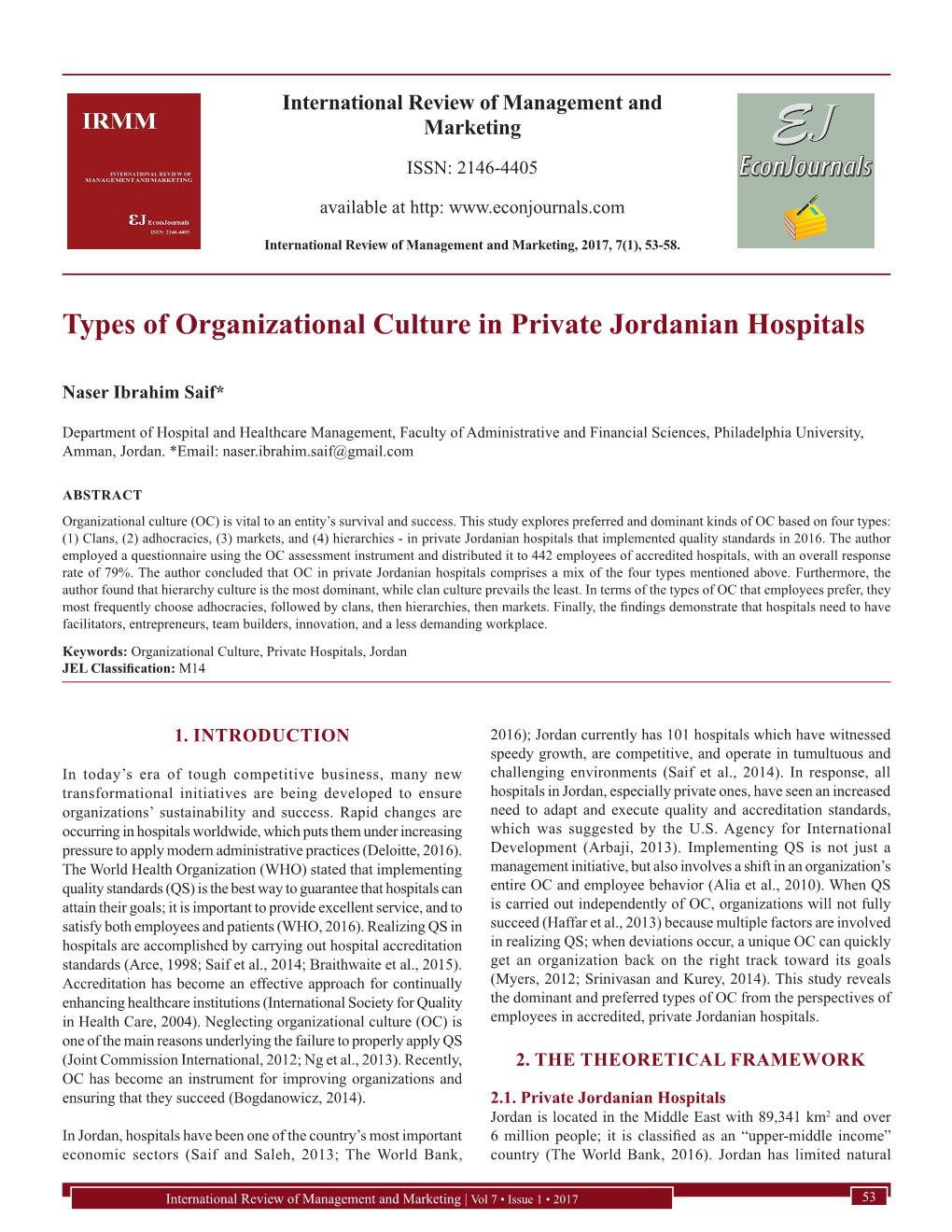 Types of Organizational Culture in Private Jordanian Hospitals