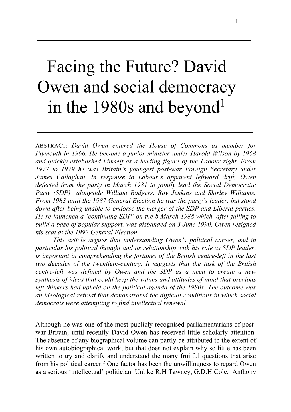David Owen and Social Democracy in the 1980S and Beyond1