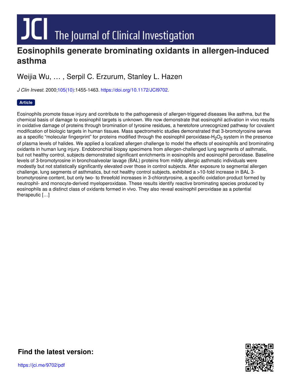 Eosinophils Generate Brominating Oxidants in Allergen-Induced Asthma