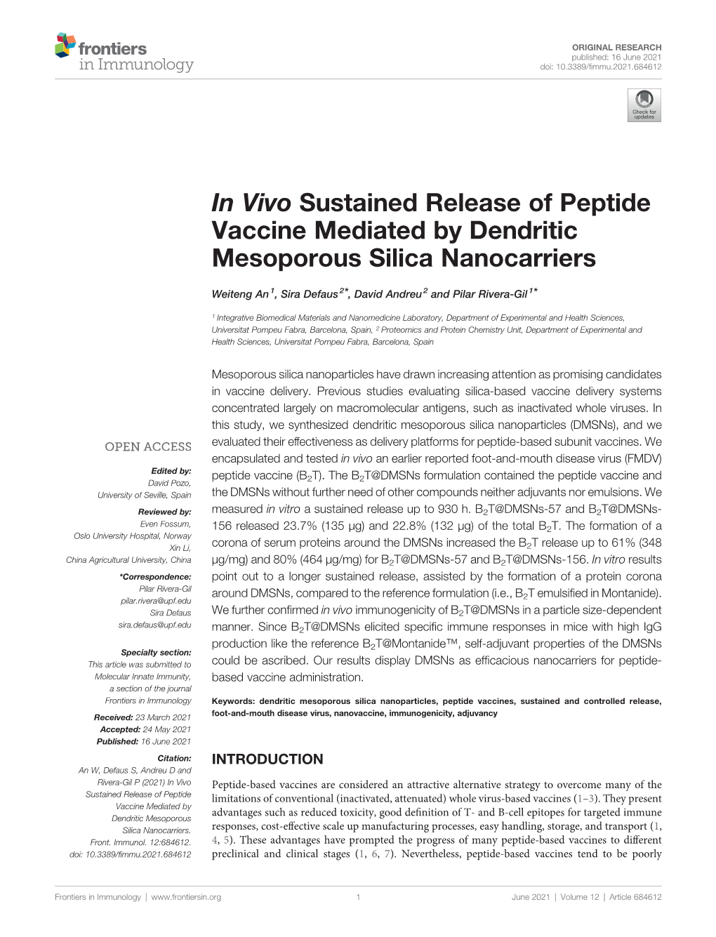 In Vivo Sustained Release of Peptide Vaccine Mediated by Dendritic Mesoporous Silica Nanocarriers