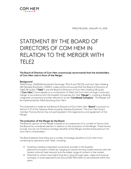 Statement by the Board of Directors of Com Hem in Relation to the Merger with Tele2
