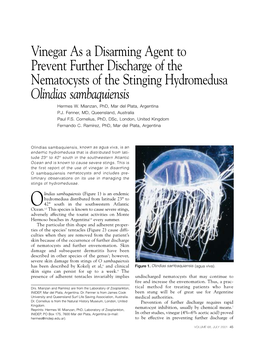 Vinegar As a Disarming Agent to Prevent Further Discharge of the Nematocysts of the Stinging Hydromedusa Olindias Sambaquiensis Hermes W
