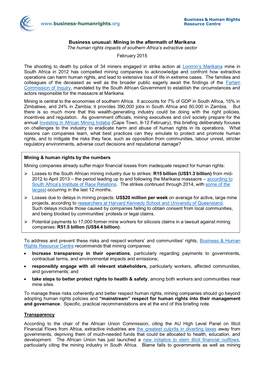 Mining in the Aftermath of Marikana the Human Rights Impacts of Southern Africa’S Extractive Sector February 2015
