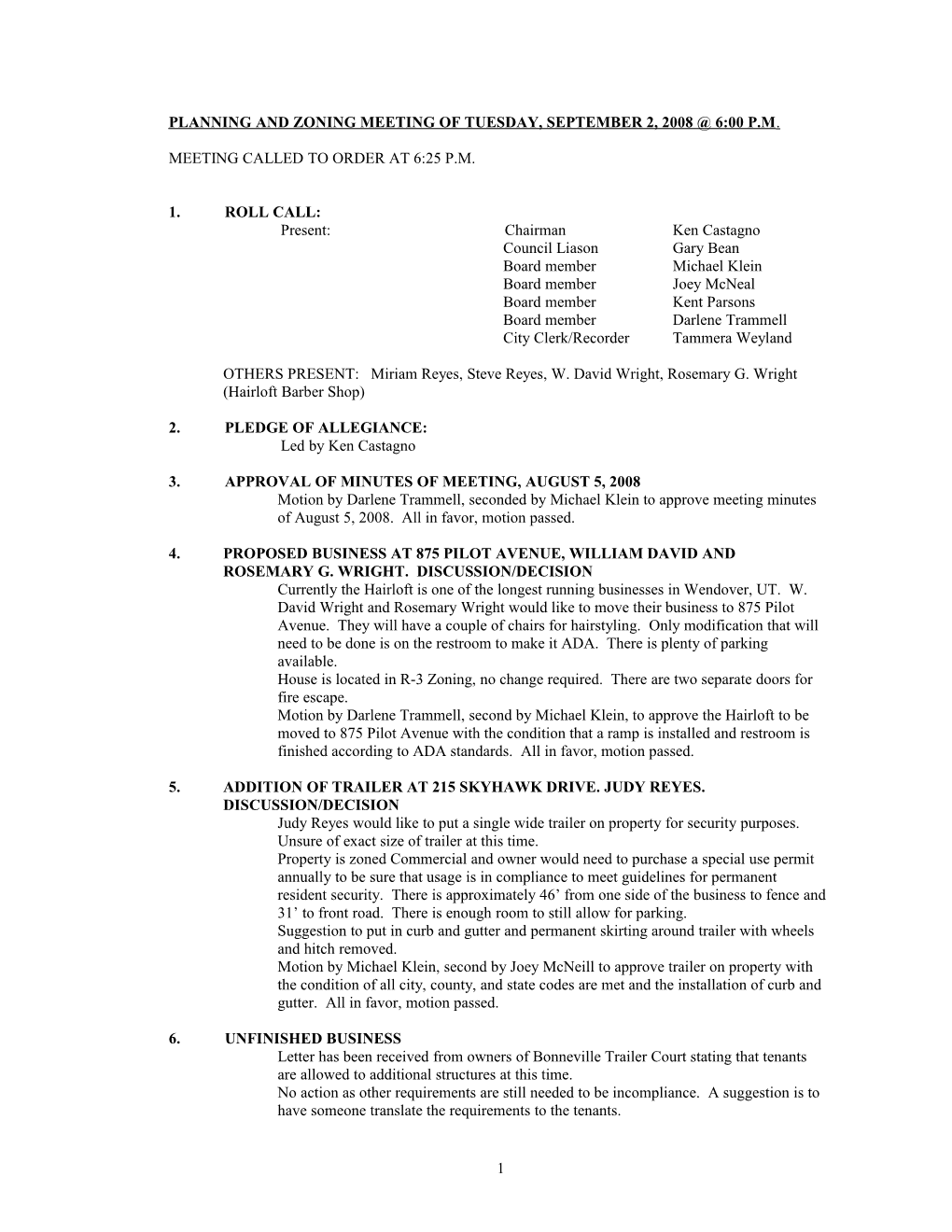 Regular City Council Meeting of Monday, August 20, 2007 6:30 P s1