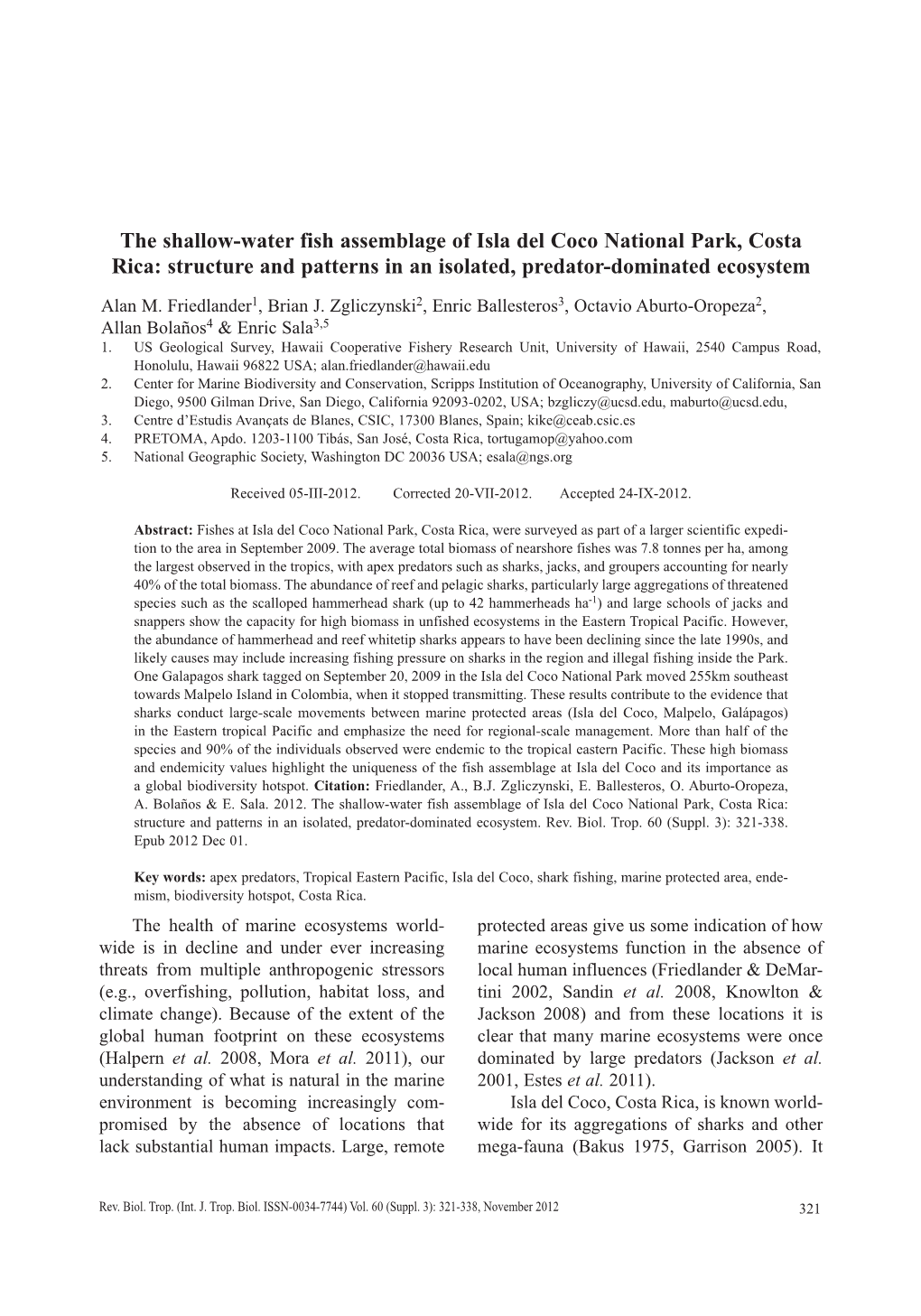 The Shallow-Water Fish Assemblage of Isla Del Coco National Park, Costa Rica: Structure and Patterns in an Isolated, Predator-Dominated Ecosystem