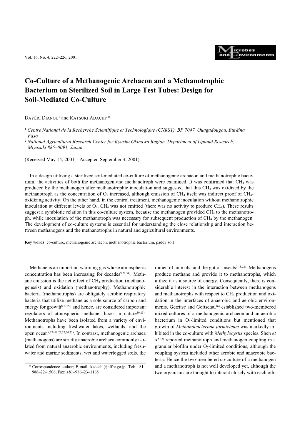 Co-Culture of a Methanogenic Archaeon and a Methanotrophic Bacterium on Sterilized Soil in Large Test Tubes: Design for Soil-Mediated Co-Culture