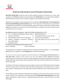 Honda Cars India Introduces New VX CVT Grade in Honda Amaze