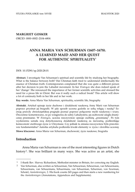 Anna Maria Van Schurman (1607–1678). a Learned Maid and Her Quest for Authentic Spirituality1