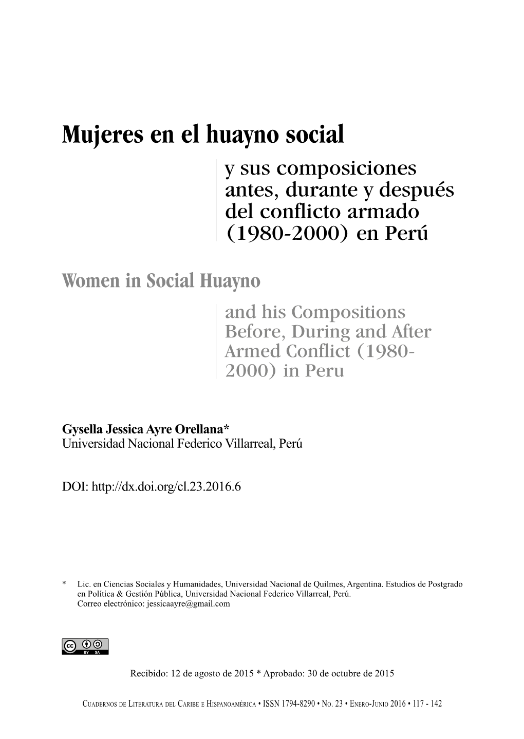Mujeres En El Huayno Social Y Sus Composiciones Antes, Durante Y Después Del Conflicto Armado (1980-2000) En Perú